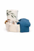 Load image into Gallery viewer, BurpnBaby Baby gift basket with a organic muslin blanket and organic baby muslin swaddle