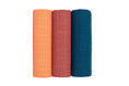 Load image into Gallery viewer, Set of three muslin swaddle blankets (3pack) in teal, rose red, and coral