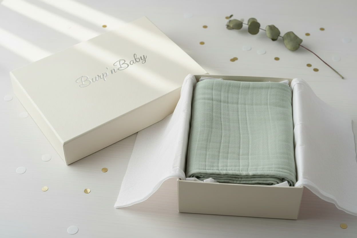 Organic muslin baby swaddle blanket in soft sage green, folded inside Burp’nBaby gift box