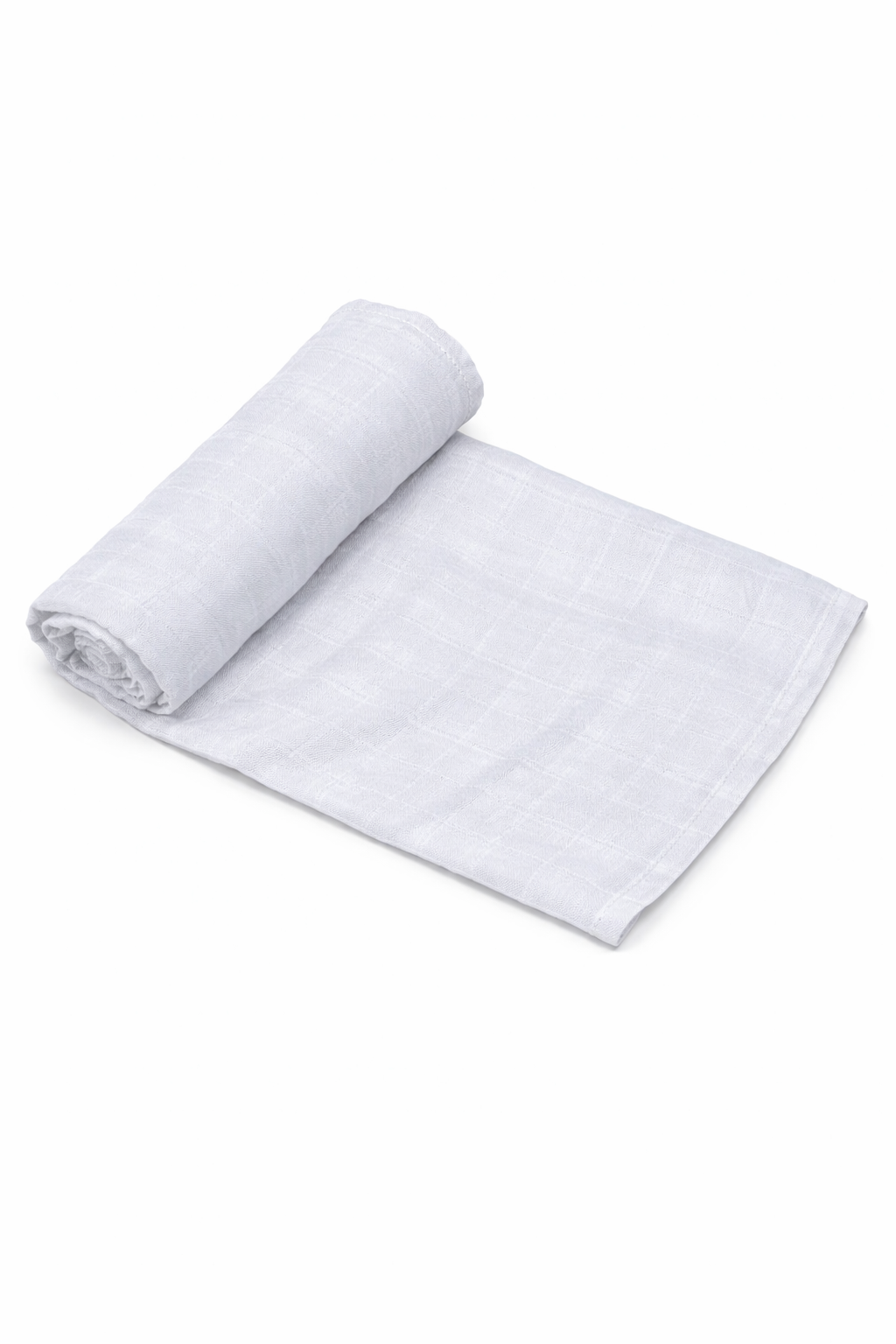 light gray organic muslin baby swaddle blanket rolled on white background