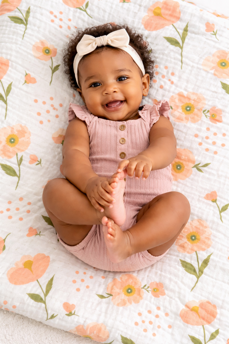 Baby girl in a pink romper sitting on a floral  muslin blanket