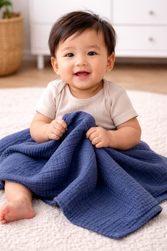baby holding Burp’nBaby navy organic muslin baby blanket