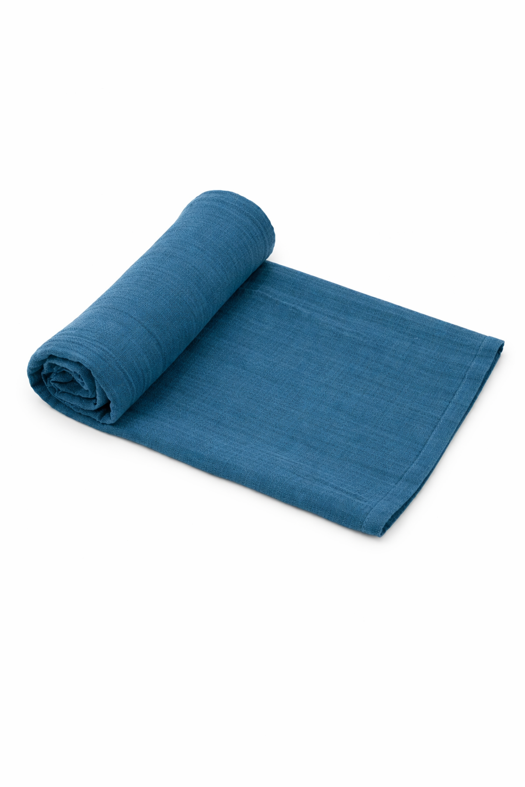 teal organic muslin baby swaddle blanket rolled on white background